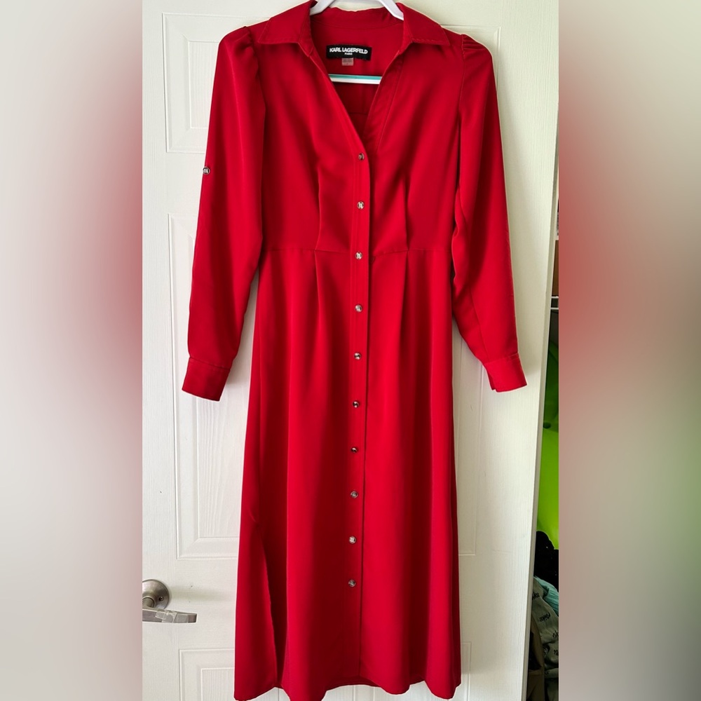 Karl Lagerfeld Red Long Sleeve Bishop Collar Dress
